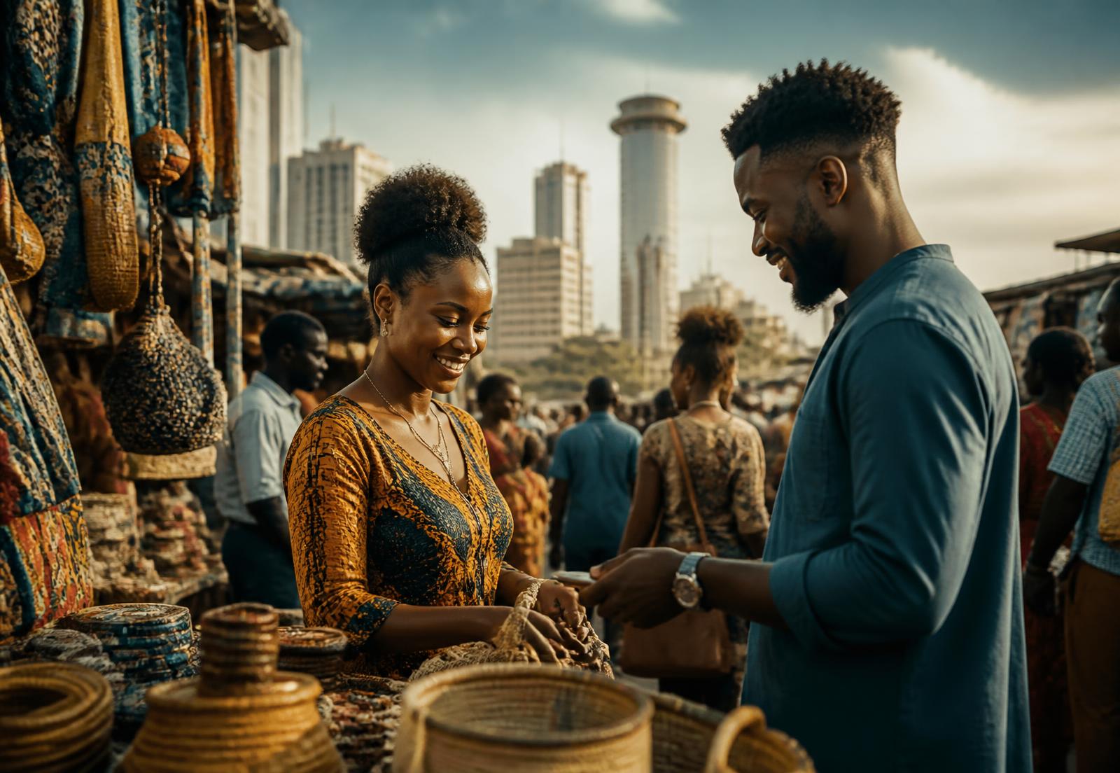Shopkeeper serving a customer at a busy African market with a city skyline behind